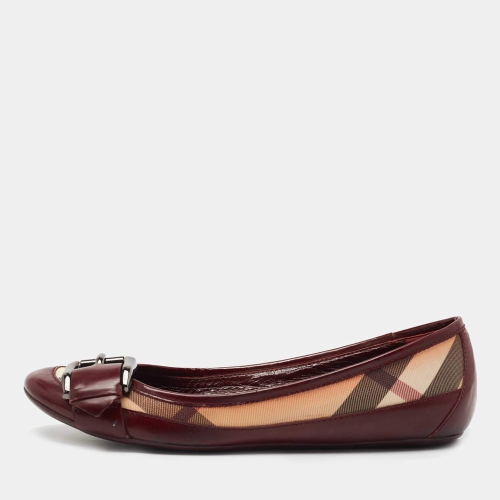 BURBERRY Burgundy Leather and Nova Check Canvas Buckle Ballet Flats Size 7
